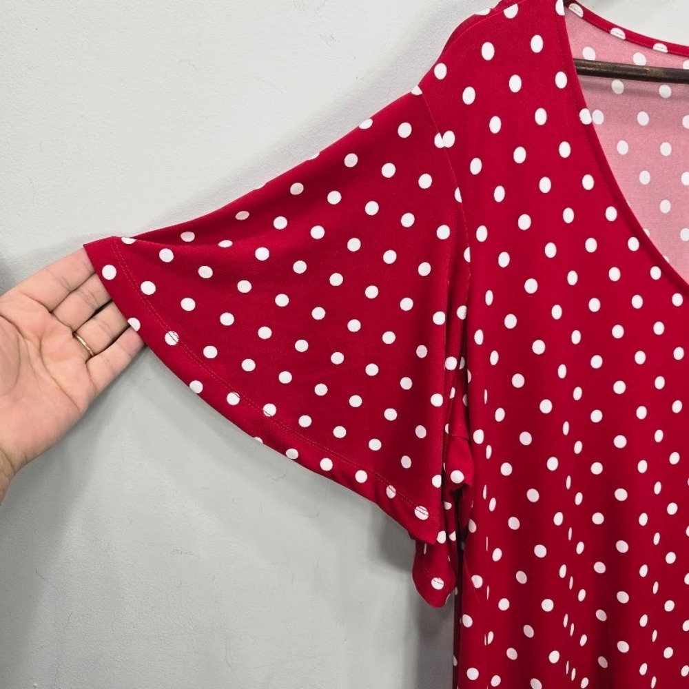 Susan Graver Midi Dress 2XP Red Polka Dot V Neck Flutter Sleeve Liquid Knit - Picture 8 of 9